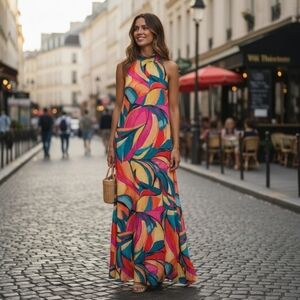 Nicole Miller Sleeveless Maxi Dress Multi Abstract Mock Neck Side Pockets Size S